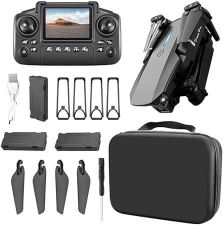 E99 Pro 8K Drone – Dual Camera, 5G GPS & Dual Battery – طائرة الدرون E99 accessories including controller and carrying case