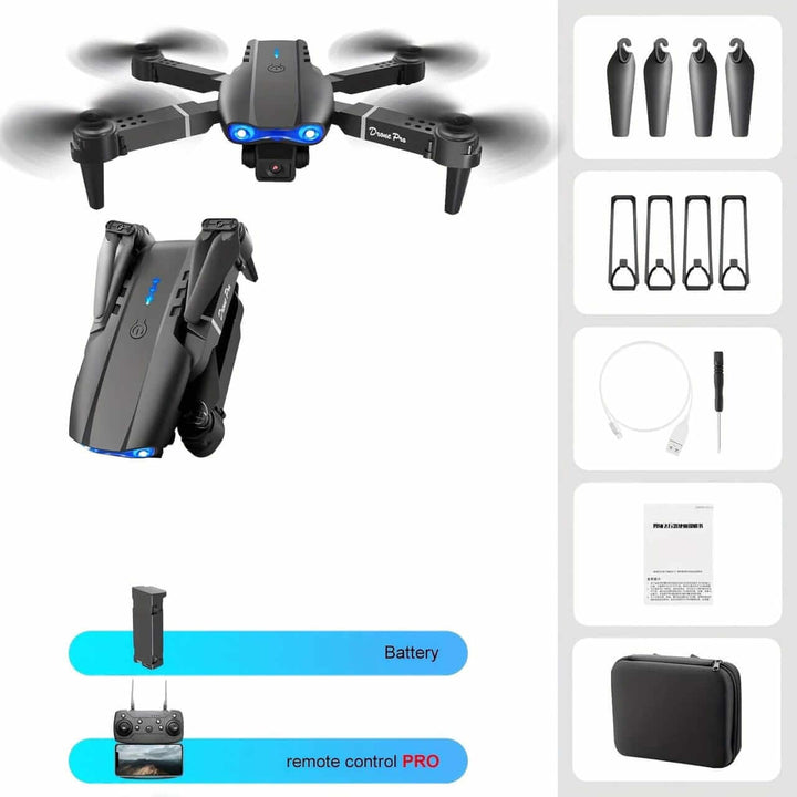 E99 Pro 8K Drone – Dual Camera, 5G GPS & Dual Battery – طائرة الدرون E99 with remote control and accessories layout.